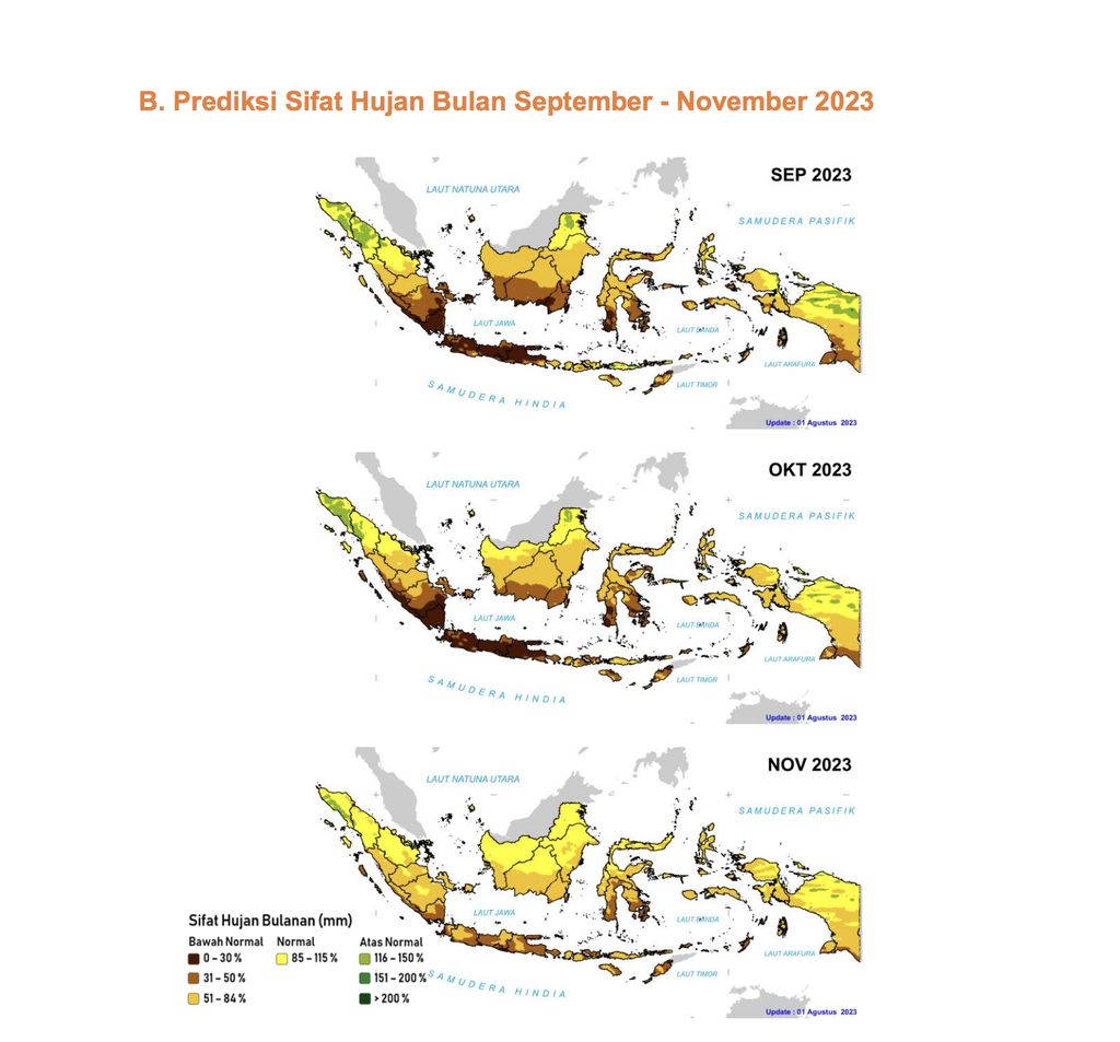 Prediksi sifat hujan buatan bulan September - November 2023. (Dok. BMKG)