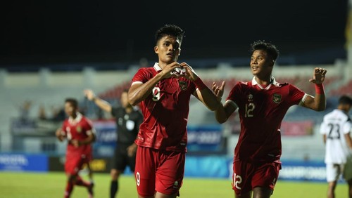 Perayaan gol Ramadhan Sananta saat Timnas Indonesia U-23 melawan Timor Leste.