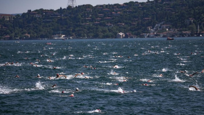 Competitors travel to the start line of a 6.5km swimming race across the Bosporus Strait, from the Asian side to the European side, in Istanbul, Turkey, Sunday, Aug. 20, 2023. (AP Photo/Khalil Hamra)