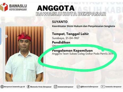 Tangkapan layar unggahan tentang profil anggota Badan Pengawas Pemilu (Bawaslu) Kota Denpasar Suyanto di akun Instagram @bawasludenpasar yang telah dihapus.