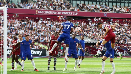 Soccer Football - Premier League - West Ham United v Chelsea - London Stadium, London, Britain - August 20, 2023 West Ham Uniteds Nayef Aguerd scores their first goal Action Images via Reuters/Matthew Childs EDITORIAL USE ONLY. No use with unauthorized audio, video, data, fixture lists, club/league logos or live services. Online in-match use limited to 75 images, no video emulation. No use in betting, games or single club /league/player publications.  Please contact your account representative for further details.