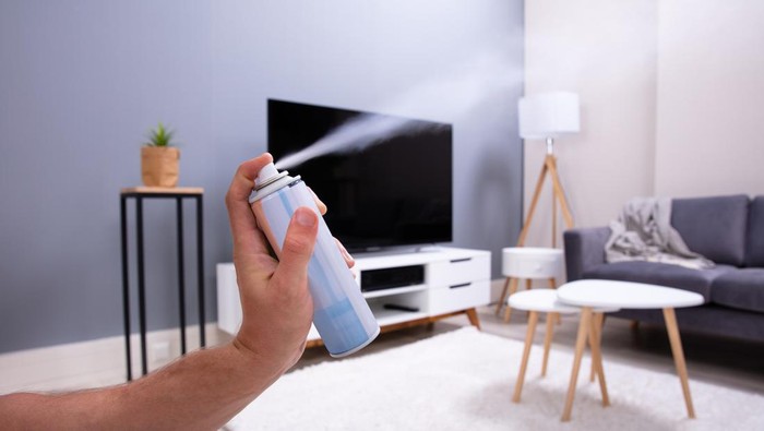 Close-up Of A Persons Hand Spraying Air Freshener In Living Room