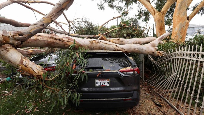 Badai Hilary Mengamuk, Mobil-mobil Ini Jadi Korban Laura Elizalde Reyes checks her car hit by a light pole as Tropical Storm Hilary hits Baja California state, in Mexicali, Mexico, August 20, 2023. REUTERS/Victor Medina