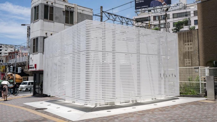 This picture taken on April 9, 2023 shows a public toilet designed by Japanese architect Tadao Ando at Jingu-Dori Park in Tokyo. This public toilet was part of 