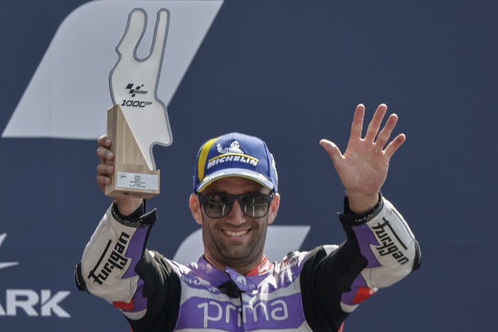 Third placed Frances rider Johann Zarco of the Prima Pramac Racing celebrates after the MotoGP race of the French Motorcycle Grand Prix at the Le Mans racetrack, in Le Mans, France, Sunday, May 14, 2023. (AP Photo/Jeremias Gonzalez)