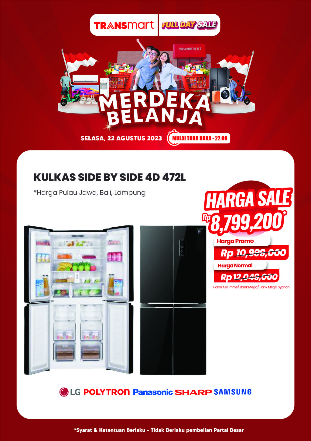 Kulkas side by side 4D 472L diskon hingga Rp 3 jutaan.