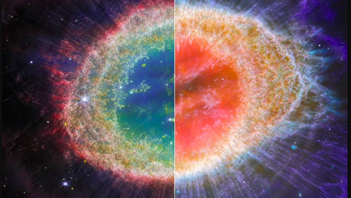 Gambar Webb NIRCam (kiri) dan MIRI (kanan) mengungkap struktur rumit Nebula Cincin berupa cincin, gelembung, dan awan tipisnya dengan detail yang belum pernah ada sebelumnya