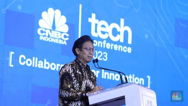 Menteri Kesehatan Budi Gunadi Sadikin dalam acara Collaboration For Innovation Tech Confrence di Sopo del Tower, Jakarta, Selasa (22/8/2023). (CNBC Indonesia/Tri Susilo)