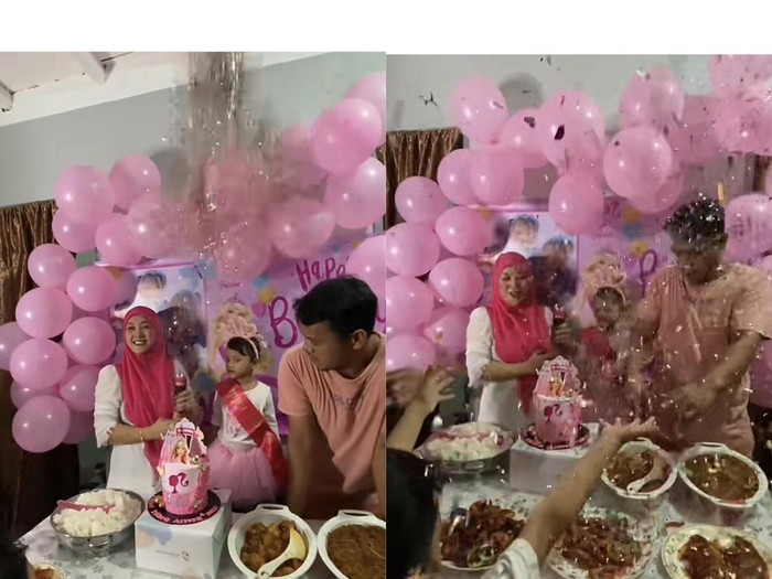 Momen tak terduga di acara ulang tahun anak, hidangan makanan penuh dengan konfeti.
