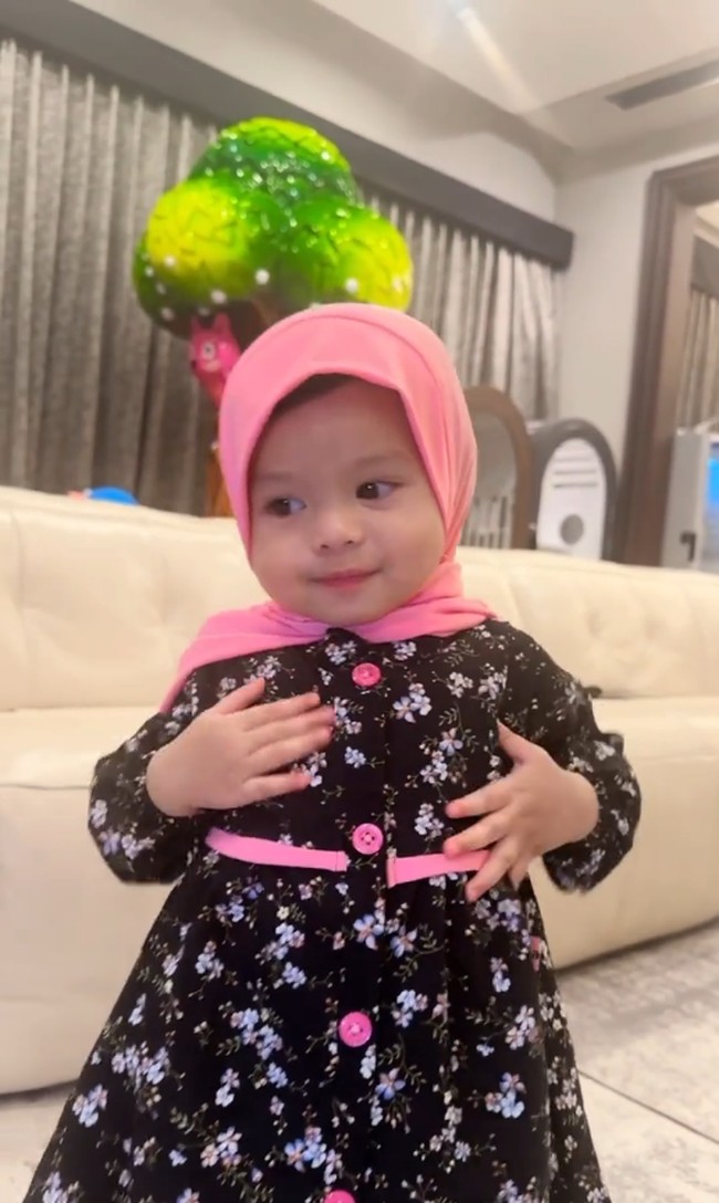 Ameena Hanna Nur Atta lahir pada 22 Februari 2022. Berusia hampir 1,5 tahun, Ameena terlihat memakai hijab bergo warna pink. Foto: Dok. Instagram @aurelie.hermansyah.
