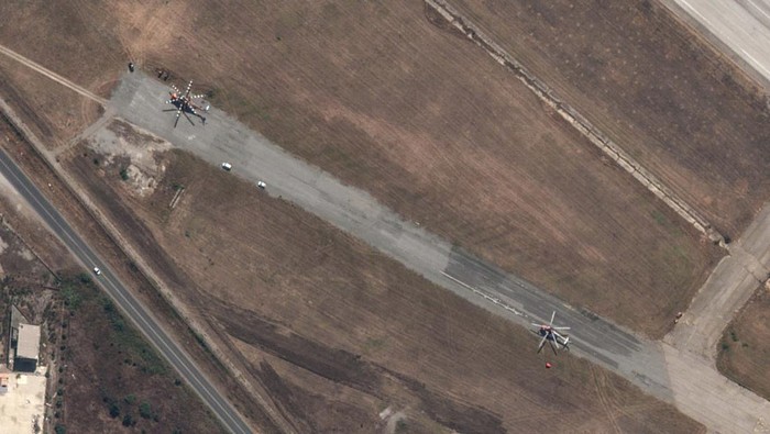 A satellite image shows aerial firefighting aircraft in Traianoupoli, Greece, August 21, 2023. Maxar Technologies /Handout via REUTERS THIS IMAGE HAS BEEN SUPPLIED BY A THIRD PARTY. NO RESALES. NO ARCHIVES. MANDATORY CREDIT. DO NOT OBSCURE LOGO.
