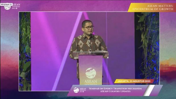 Kepala BKF Febrio Kacaribu saat menjadi narasumber dalam seminar on Energy Transition Mechanism: ASEAN Country Updates di Jakarta, Rabu (23/8/2023). (YouTube/Kemenkeu)