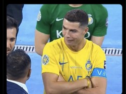 Salah satu ekspresi Ronaldo dijadikan bahan meme untuk klasemen kompak di antara Inter Miami dan Al Nassr. Foto: dok. Internet/Twitter