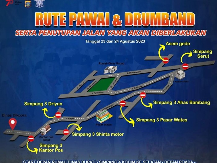 Rute pawai dan drumband di Wates Kulon Progo Rabu-Kamis, 23-24 Agustus 2023. Pawai ini dalam rangka HUT ke-78 RI.