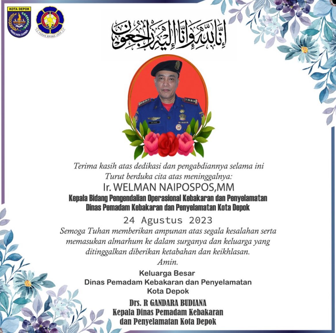 Kabid Dalops Damkar Depok, Welman Naipospos, meninggal dunia pada Kamis (24/8/2023) pukul 11.35 WIB.
