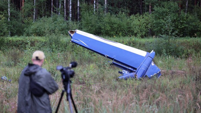 A wreckage of the private jet linked to Wagner mercenary chief Yevgeny Prigozhin is seen near the crash site in the Tver region, Russia, August 24, 2023. REUTERS/Marina Lystseva