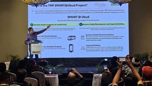 Sosialisasi inovasi atasi kemacetan dan polusi kawasan Ubud yang digagas Toyota Mobility Foundation (TMF) di Sens Hotel & Spa + Conference Ubud Town Centre Ubud, Kamis (24/8/2023). (Foto : putu krista/detikBali)