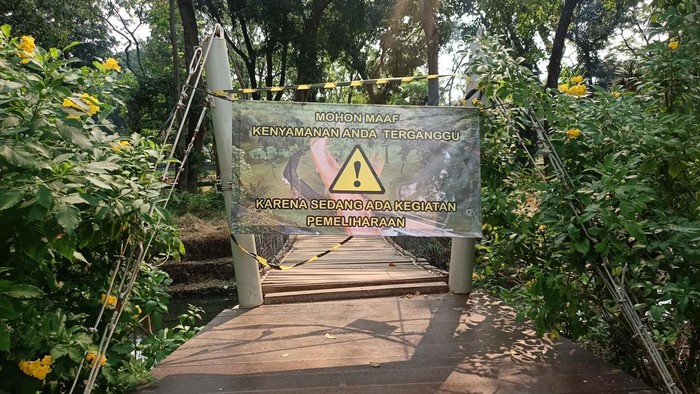 Jembatan kayu Tebet Eco Park ditutup untuk diperbaiki (Adrial/detikcom)