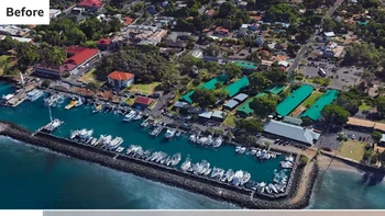 Citra satelit setidaknya memberikan gambaran langsung mengenai skala kerusakan, yakni 80% kota tepi pantai telah musnah. Foto: Google via Reuters 