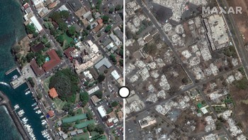 Gambar satelit menunjukkan wilayah Maui, Hawaii, hancur total akibat kebakaran hutan yang melanda wilayah tersebut di awal Agustus. Foto: Maxar Technologies via BBC