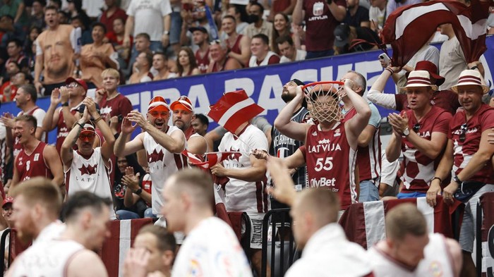 Basketball - FIBA World Cup 2023 - First Round - Group H - Latvia v Lebanon - Indonesia Arena, Jakarta, Indonesia - August 25, 2023 Latvia fans in the stands during the match REUTERS/Willy Kurniawan