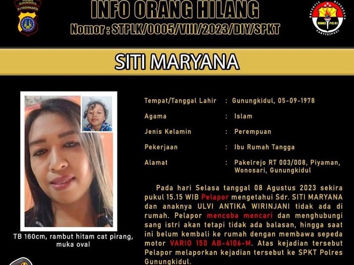 Polres Gunungkidul menyampaikan informasi orang hilang ibu dan anak. Foto diunggah pada Jumat (25/8/2023).