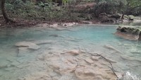 Kondisi air sungai Citumang yang mengalami kedangkalan debit air, namun memberikan keindahan yang asri, batuan di dalam sungai terlihat jelas (Foto: Aldi Nur Fadillah/detikJAbar).