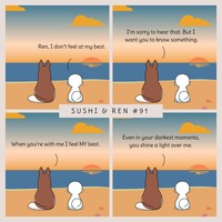 Seorang kreator bernama Dazzazzad membuat sebuah komik lucu berjudul Sushi & Ren. Di dalamnya menyajikan percakapan dua anjing yang so sweet banget.