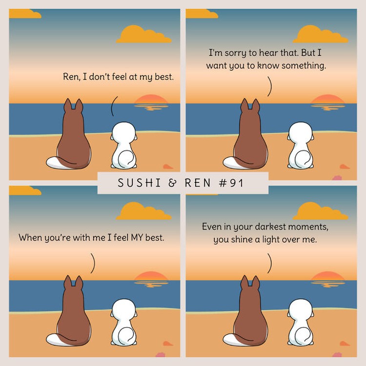 Seorang kreator bernama Dazzazzad membuat sebuah komik lucu berjudul Sushi & Ren. Di dalamnya menyajikan percakapan dua anjing yang so sweet banget.