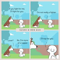 Seorang kreator bernama Dazzazzad membuat sebuah komik lucu berjudul Sushi & Ren. Di dalamnya menyajikan percakapan dua anjing yang so sweet banget.