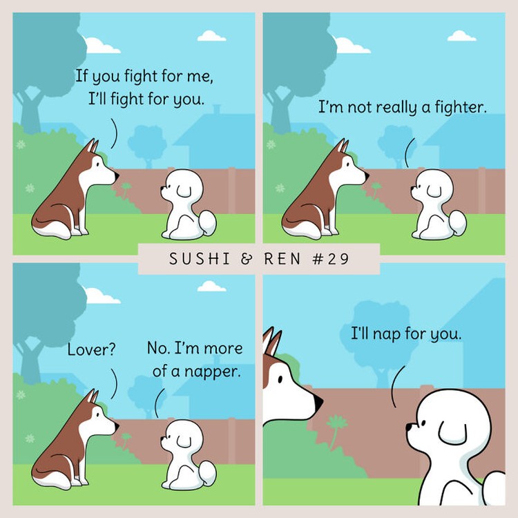 Seorang kreator bernama Dazzazzad membuat sebuah komik lucu berjudul Sushi & Ren. Di dalamnya menyajikan percakapan dua anjing yang so sweet banget.