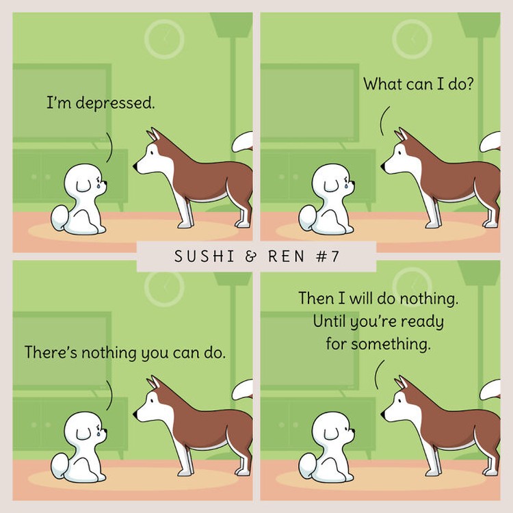 Seorang kreator bernama Dazzazzad membuat sebuah komik lucu berjudul Sushi & Ren. Di dalamnya menyajikan percakapan dua anjing yang so sweet banget.