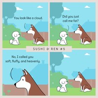Seorang kreator bernama Dazzazzad membuat sebuah komik lucu berjudul Sushi & Ren. Di dalamnya menyajikan percakapan dua anjing yang so sweet banget.