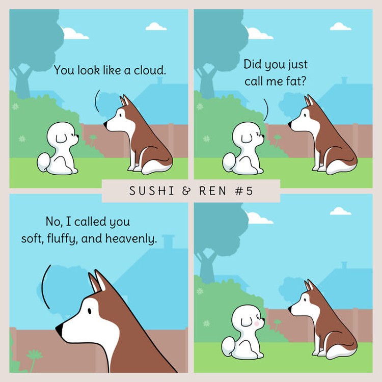 Seorang kreator bernama Dazzazzad membuat sebuah komik lucu berjudul Sushi & Ren. Di dalamnya menyajikan percakapan dua anjing yang so sweet banget.