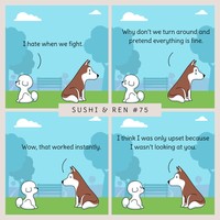 Seorang kreator bernama Dazzazzad membuat sebuah komik lucu berjudul Sushi & Ren. Di dalamnya menyajikan percakapan dua anjing yang so sweet banget.
