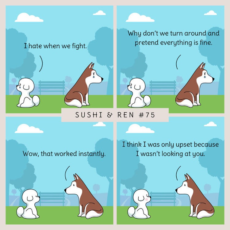 Seorang kreator bernama Dazzazzad membuat sebuah komik lucu berjudul Sushi & Ren. Di dalamnya menyajikan percakapan dua anjing yang so sweet banget.