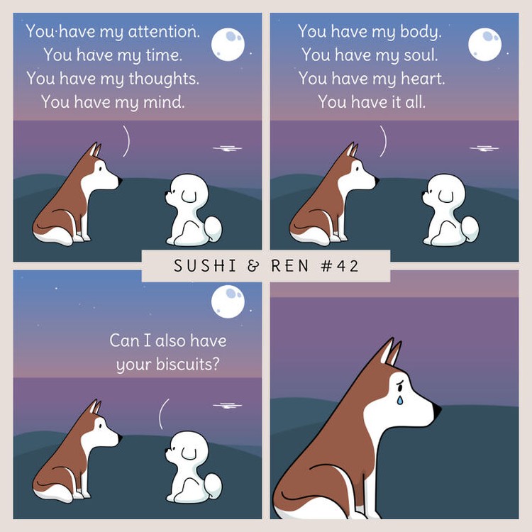 Seorang kreator bernama Dazzazzad membuat sebuah komik lucu berjudul Sushi & Ren. Di dalamnya menyajikan percakapan dua anjing yang so sweet banget.