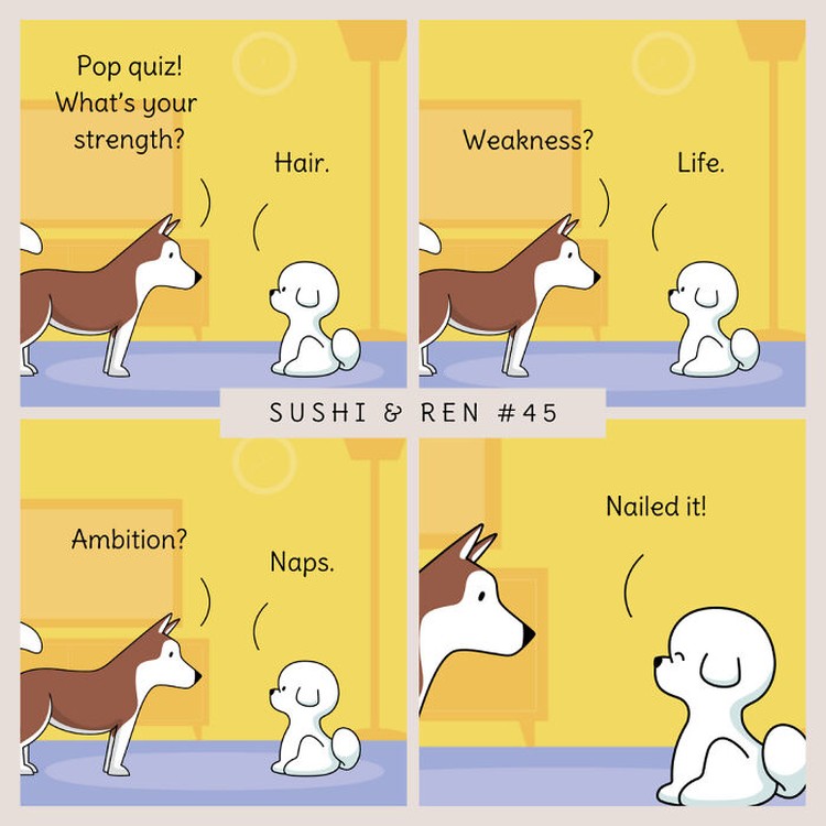 Seorang kreator bernama Dazzazzad membuat sebuah komik lucu berjudul Sushi & Ren. Di dalamnya menyajikan percakapan dua anjing yang so sweet banget.
