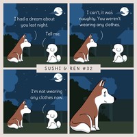 Seorang kreator bernama Dazzazzad membuat sebuah komik lucu berjudul Sushi & Ren. Di dalamnya menyajikan percakapan dua anjing yang so sweet banget.