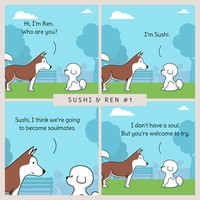 Seorang kreator bernama Dazzazzad membuat sebuah komik lucu berjudul Sushi & Ren. Di dalamnya menyajikan percakapan dua anjing yang so sweet banget.