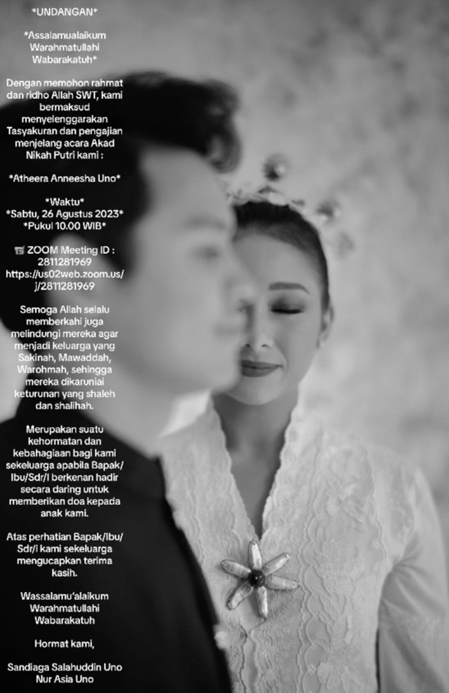 Sosok calon suami Anneesha Atheera atau calon menantu Sandiaga Uno bikin penasaran netizen. Di TikTok banyak netizen mencari dengan kata kunci calon menantu Sandiaga Uno. Dalam unggahan di TikTok dan Instagram, Sandiaga dan Nur Asia juga tak mengungkap sosok calon menantu mereka. Foto: Dok. TikTok @mpoknurasia/Instagram @sandiuno