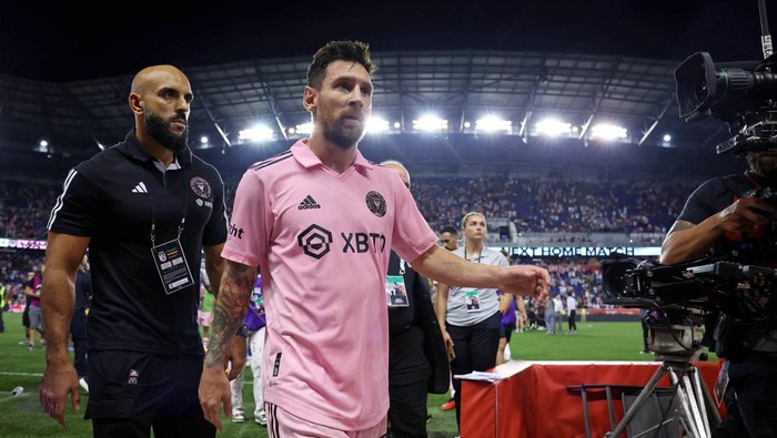 Aug 26, 2023; Harrison, New Jersey, USA; Inter Miami CF forward Lionel Messi (10) walks off the field after their win against the New York Red Bulls at Red Bull Arena. Mandatory Credit: Vincent Carchietta-USA TODAY Sports