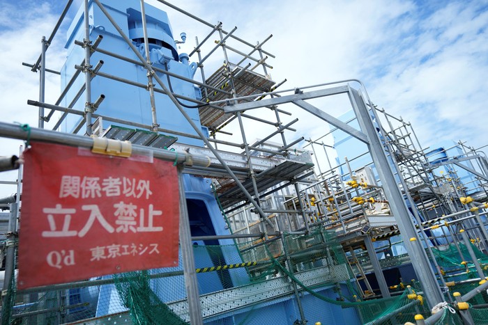 Seawater transfer pumps, part of the facility for releasing treated radioactive water to sea from the Fukushima Daiichi nuclear power plant, operated by Tokyo Electric Power Company Holdings, also known as TEPCO, during a treated water dilution and discharge facility tour for foreign media, in Futaba town, northeastern Japan, Sunday, Aug. 27, 2023. Eugene Hoshiko/Pool via REUTERS