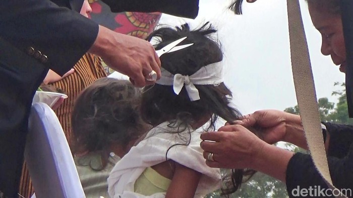 Prosesi cukur 6 anak rambut gimbal di Wonosobo, Minggu (27/8/2023).