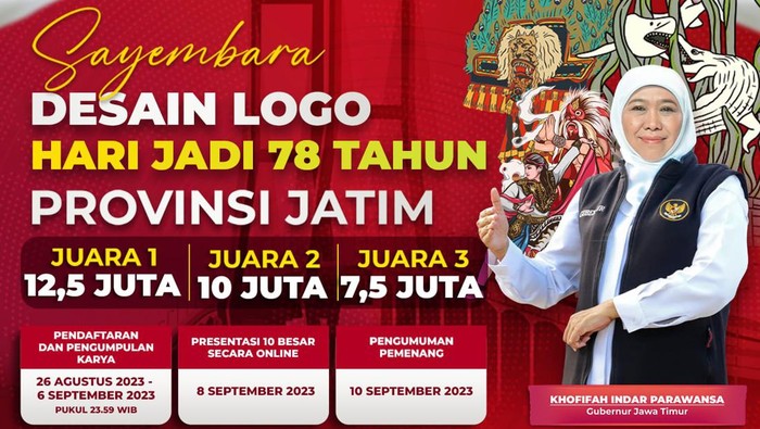 Pemprov Jatim menggelar sayembara logo HUT ke-78 Jawa Timur. Pendaftaran dan pengumpulan karya dibuka hingga 6 September 2023.