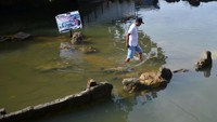 Pengunjung berjalan di area batu Malin Kundang yang terendam banjir, di Pantai Air Manis, Padang, Sumatera Barat, Senin (28/8/2023).   