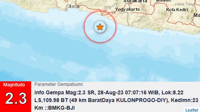 Gempa M 2,3 di barat daya Kulon Progo, Senin (28/8/2023).