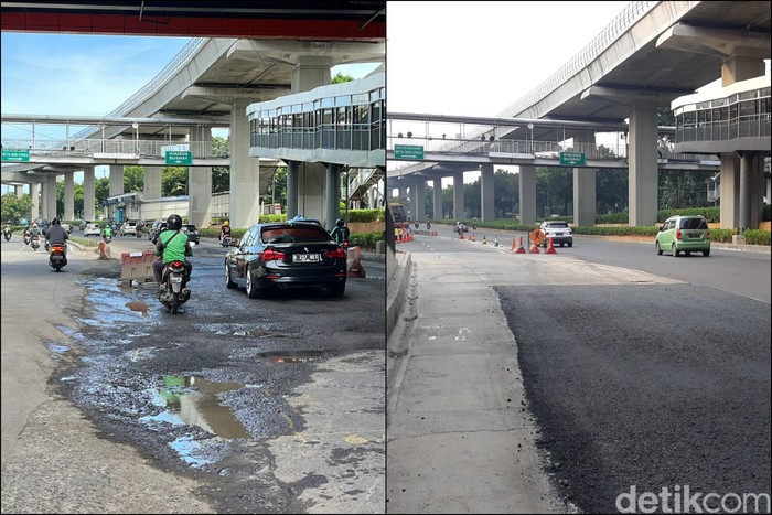 Jl HR Rasuna Said dekat Stasiun LRT Setiabudi Jaksel, 13 Desember 2022 dan 27 Agustus 2023. (Repro detikcom)