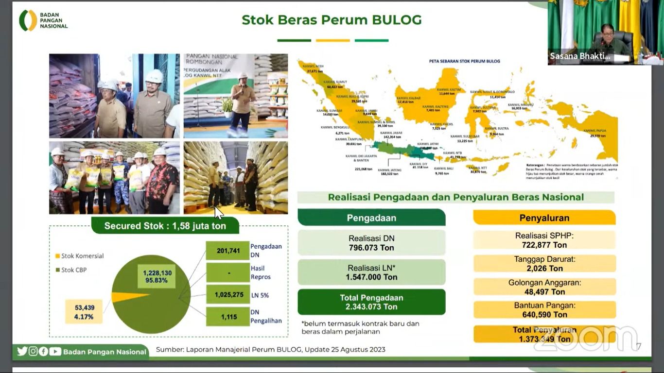 Paparan Bapanas soal stok beras pemerintah dalam Rapat Pengendalian Inflasi Tahun 2023, Senin (28/8/2023). (Tangkapan Layar Youtube Kemendagri RI)