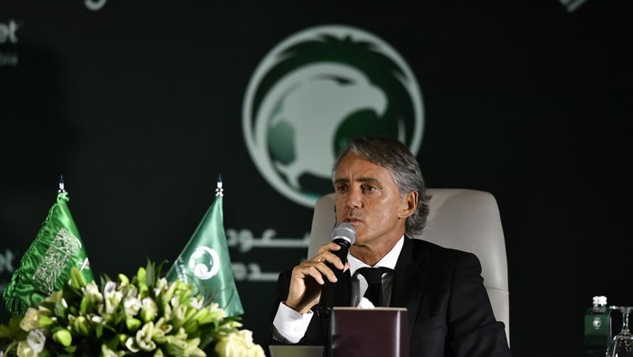Roberto Mancini speaks during a press conference in Riyadh, Saudi Arabia, Monday, Aug. 28, 2023. Mancini was appointed coach of the Saudi Arabia national team on Sunday, just two weeks after the European Championship-winning manager surprisingly left his job in charge of Italy. (AP Photo)